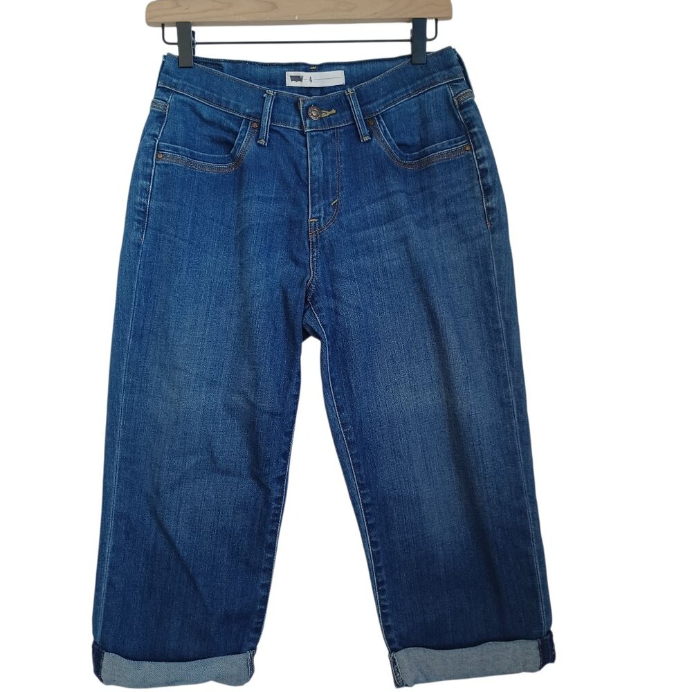 Levis Jeans Mid Rise Capri Pant Medium Wash Blue Denim Folded Cuff Womens 4‎